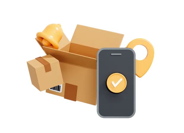 3 D Online Tracking Delivery Via Mobile Phone Delivered Order In Cardboard Box Smartphone With Check Mark And Notification Concept Cartoon Creative Icon Isolated On White Background 3 D Rendering 3D Icon