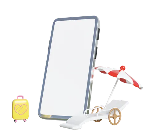 3 D Mobile Phone Smartphone With Beach Chair Lounger Umbrella Parasol Suitcase Isolated Summer Travel Concept 3 D Render Illustration 3D Icon