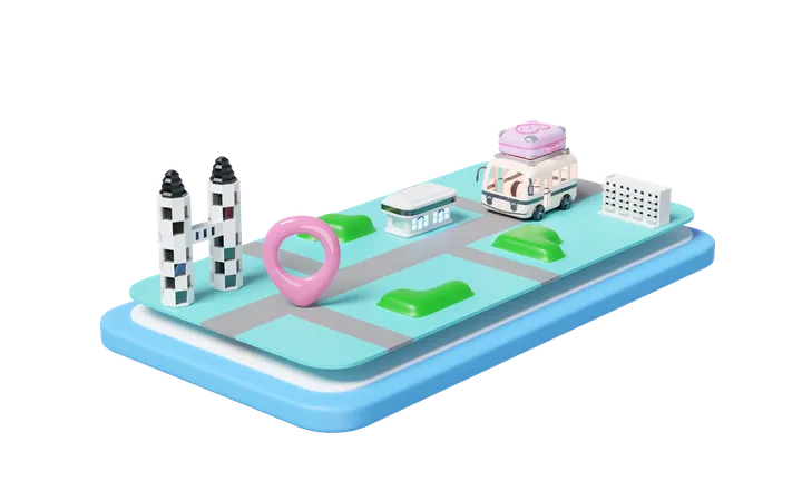 Mobile Phone Smartphone 3 D With Bus Building Icon Location Pin GPS Navigator Luggage Map Isolated Summer Travel Delivery Concept 3 D Render Illustration 3D Illustration