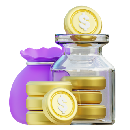 Opciones de inversión con concepto de bolsa de dinero y frasco de vidrio.  3D Icon