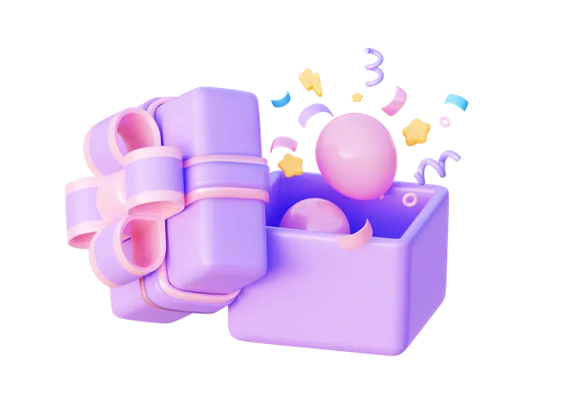 Purple Festive Box With Confetti And Balloons 3D Icon