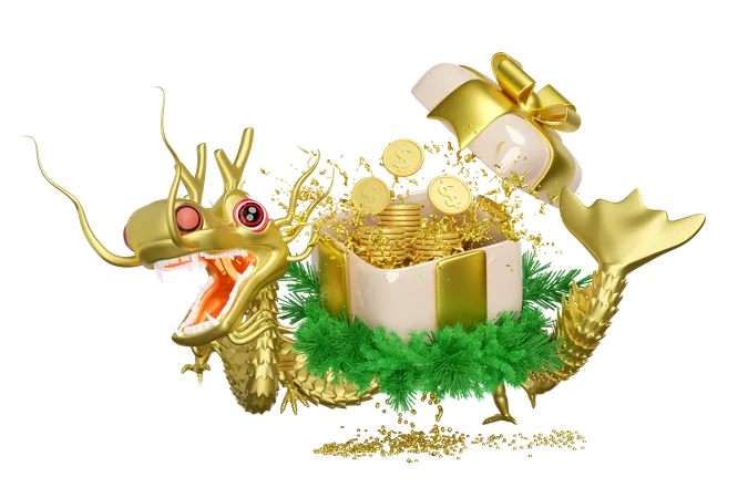 3 D Open Gift Box With Gold Dragon Dollar Coins Stacks Wreath Pine Leaves Chinese New Year 2024 Capricorn 3 D Render Illustration 3D Illustration