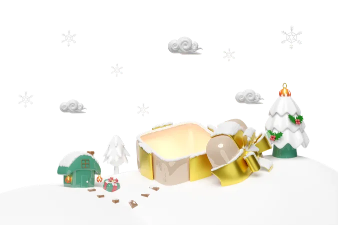 3 D Open Gift Box Empty With House On Snow Hill Ornaments Glass Pine Tree Gift Box Cloud Snowflake Merry Christmas And Happy New Year 3 D Render Illustration 3D Illustration