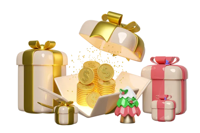 3 D Open Gift Box With Dollar Coins Stacks Christmas Tree Merry Christmas And Happy New Year 3 D Render Illustration 3D Illustration