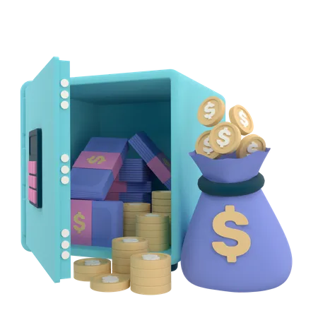 3 D Rendering Of A Money Saving Concept Open The Safe Box To Reveal A Pile Of Money And A Money Bag 3D Icon