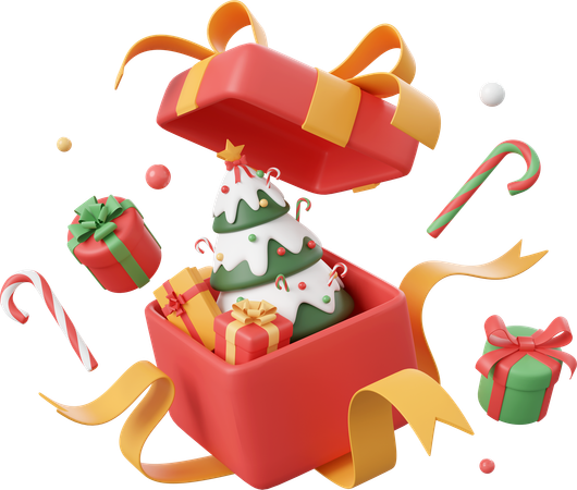 Opened Gift Box With Christmas Tree And Decorations  3D Icon
