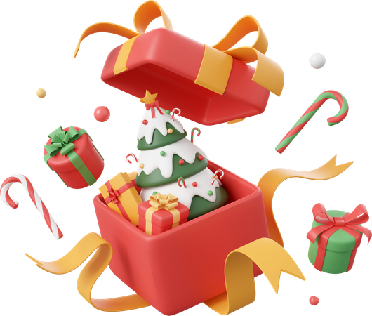 Opened Gift Box With Christmas Tree And Decorations  3D Icon