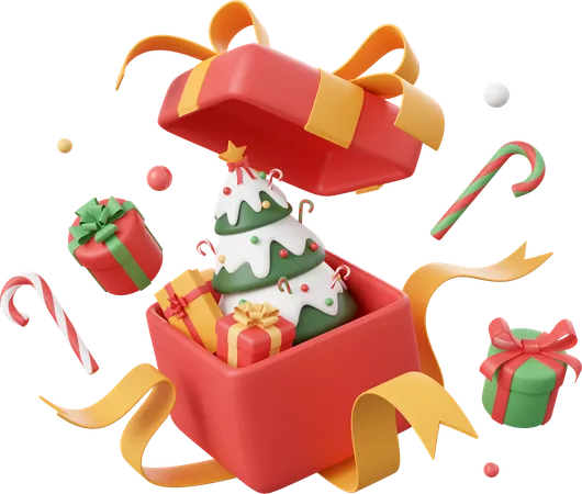Opened Gift Box With Christmas Tree And Decorations Christmas Theme Elements 3 D Illustration 3D Icon