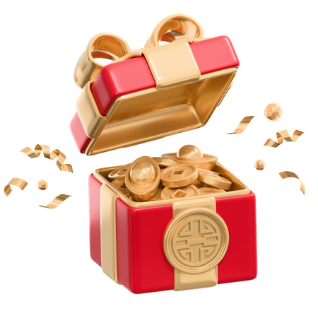 Opened Gift Boxt With Gold Ingots And Coins  3D Icon