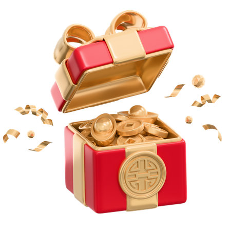 Opened Gift Boxt With Gold Ingots And Coins  3D Icon