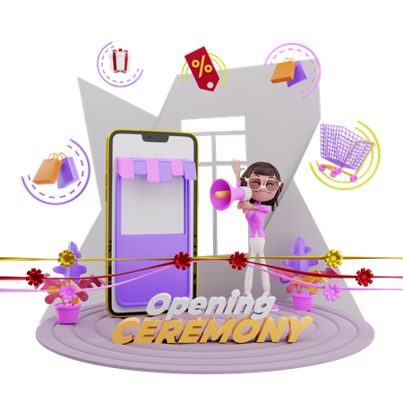 Opening Ceremony of online shopping store 3D Illustration