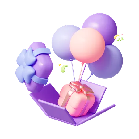 A Gift Box With A Gift And Festive Balloons 3D Icon