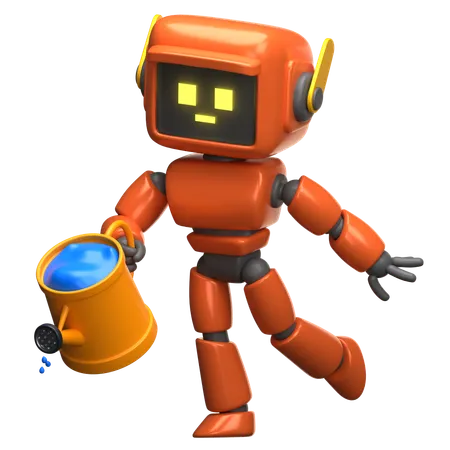 Orange Robot Carrying A Water Bucket  3D Illustration