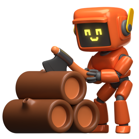 Orange Robot Chopping Wood  3D Icon