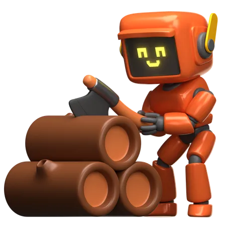 Orange Robot Chopping Wood  3D Illustration