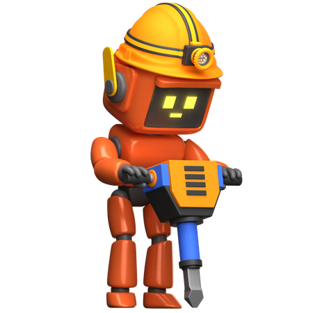 Orange Robot Construction Worker With Jackhammer Tool  3D Icon