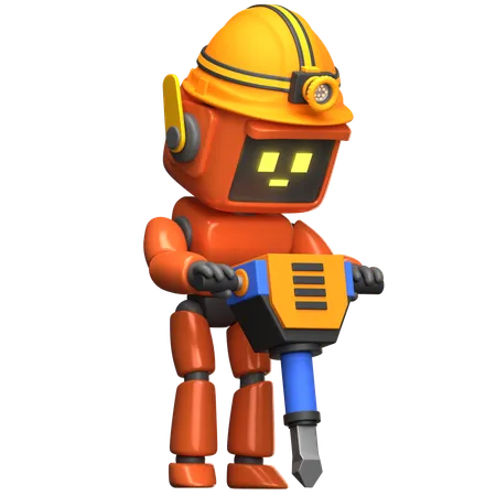 Orange Robot Construction Worker With Jackhammer Tool  3D Illustration