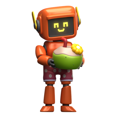 Orange Robot Drinking Coconut Drink  3D Illustration