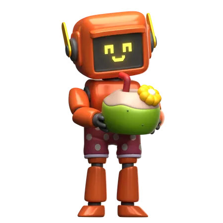 Orange Robot Drinking Coconut Drink  3D Illustration