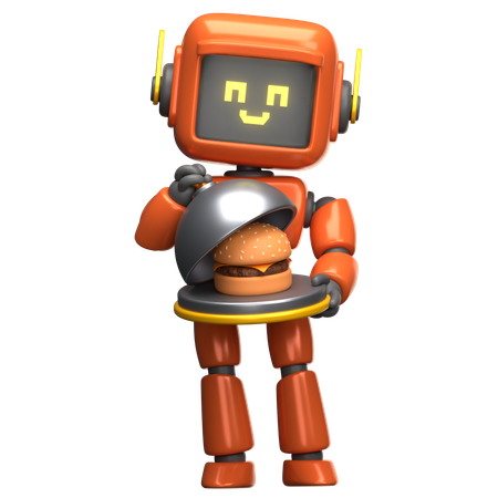 Orange Robot Holding A Burger On A Tray  3D Illustration