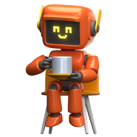 Orange Robot Holding A Coffee Cup  3D Illustration