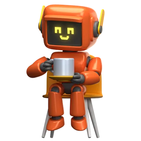 Orange Robot Holding A Coffee Cup  3D Illustration