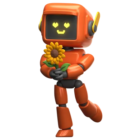 Orange Robot Holding A Flower  3D Illustration