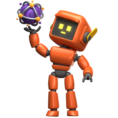 Orange Robot Holding Atom  3D Illustration