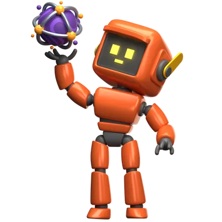 Orange Robot Holding Atom  3D Illustration