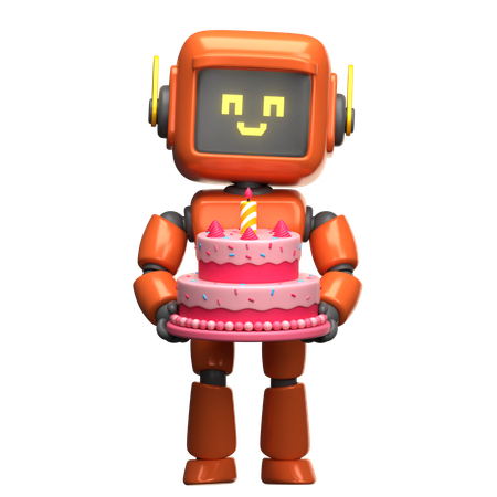 誕生日ケーキを持っているオレンジ色のロボット  3D Illustration