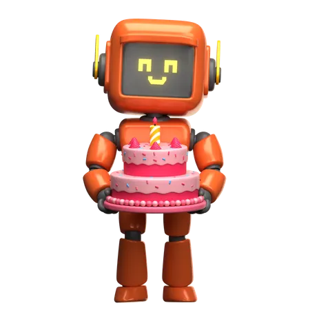 誕生日ケーキを持っているオレンジ色のロボット  3D Illustration