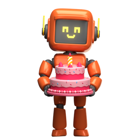 Orange Robot Holding Birthday Cake  3D Illustration