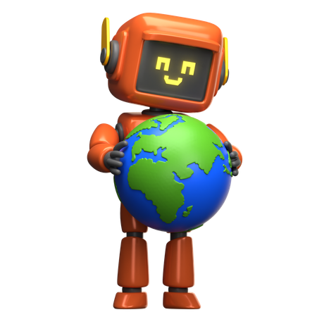Orange Robot Holding The Earth Globe  3D Icon
