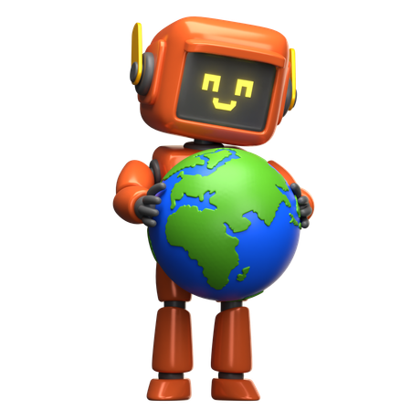 Orange Robot Holding The Earth Globe  3D Illustration