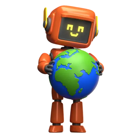 Orange Robot Holding The Earth Globe  3D Illustration