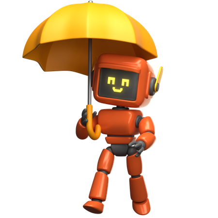 Orange Robot Holding Umbrella  3D Illustration