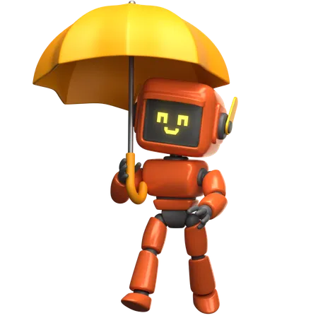 Orange Robot Holding Umbrella  3D Illustration