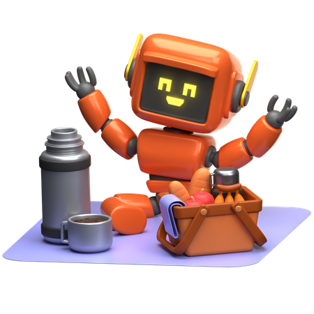 Orange Robot Picnic  3D Illustration