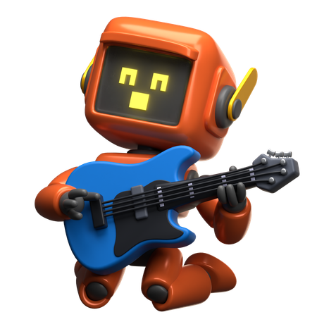 Orange Robot Playing Guitar  3D Illustration