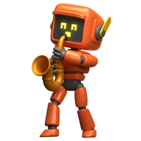 Orange Robot Playing Saxophone  3D Illustration