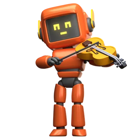 Orange Robot Playing Violin  3D Illustration