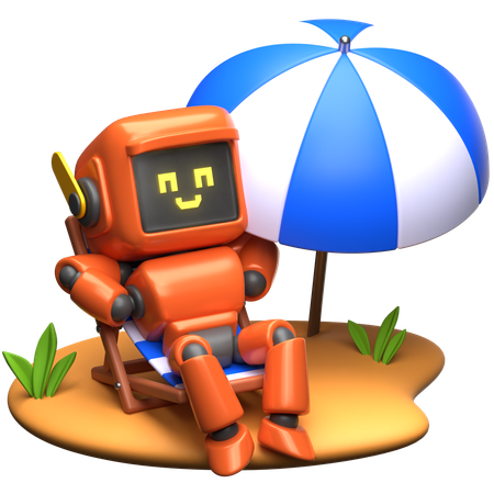 Orange Robot Relaxing On Deck Chair  3D Illustration