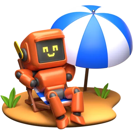 Orange Robot Relaxing On Deck Chair  3D Illustration