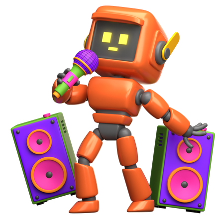 Orange Robot Singing With Speakers  3D Illustration