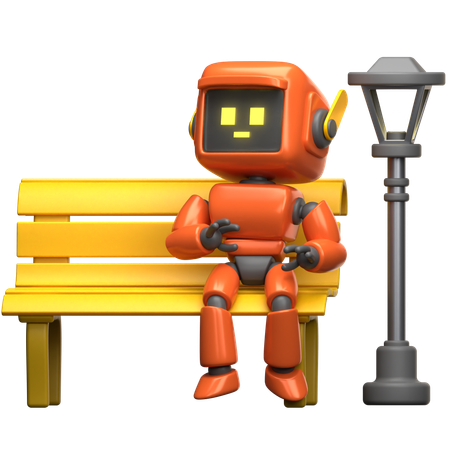 Orange Robot Sitting On A Bench  3D Illustration