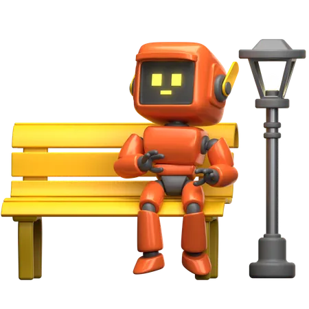 Orange Robot Sitting On A Bench  3D Illustration