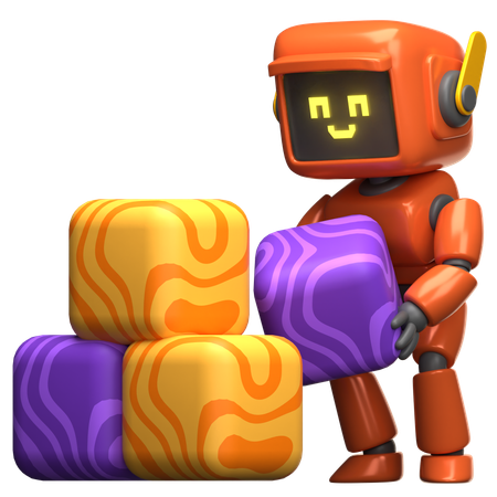 Orange Robot Stacking Blocks  3D Illustration