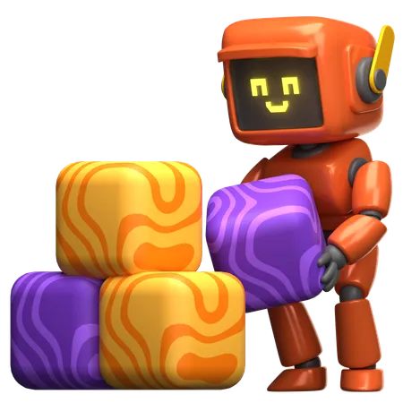 Orange Robot Stacking Blocks  3D Illustration