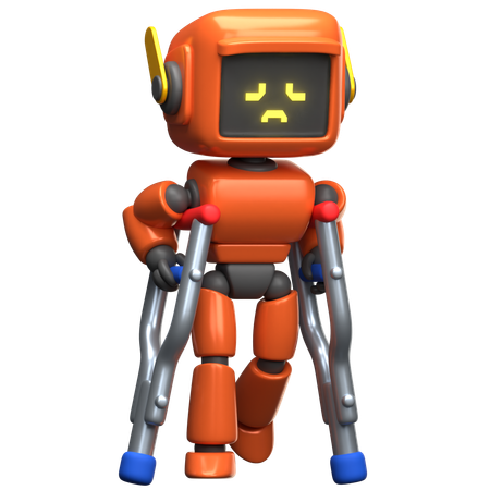 Orange Robot Using Crutches  3D Illustration