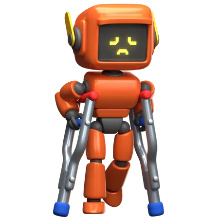 Orange Robot Using Crutches  3D Illustration